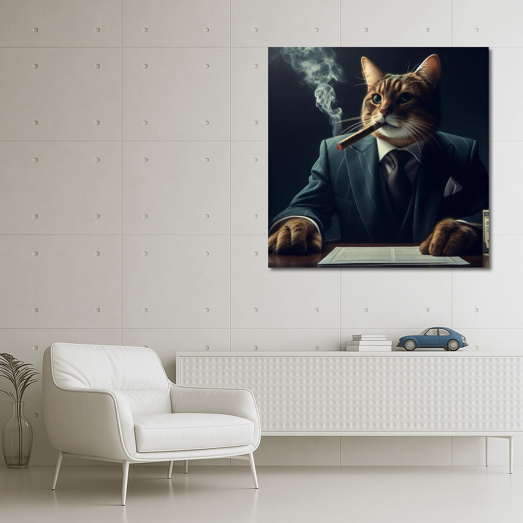 Mafia Cat: Stylish Boss with a Cigar in a Dark Room