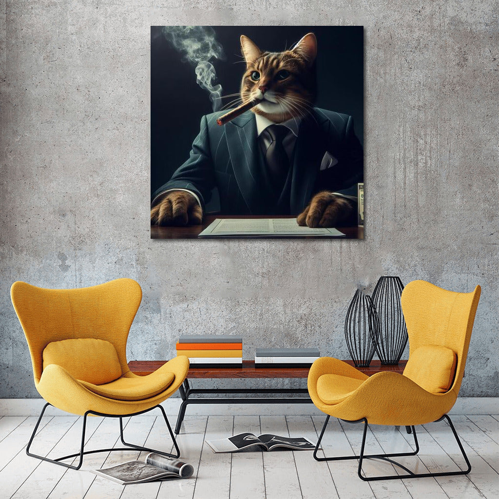 Mafia Cat: Stylish Boss with a Cigar in a Dark Room