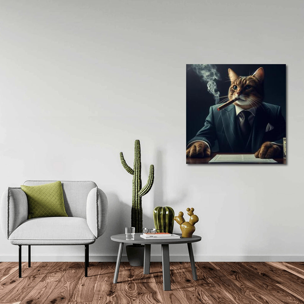 Mafia Cat: Stylish Boss with a Cigar in a Dark Room
