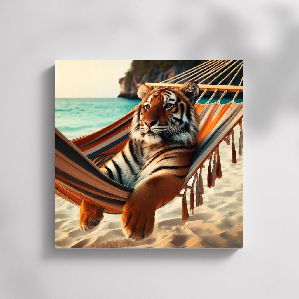 Tiger in a Hammock on the Beach: Exotic Relaxation