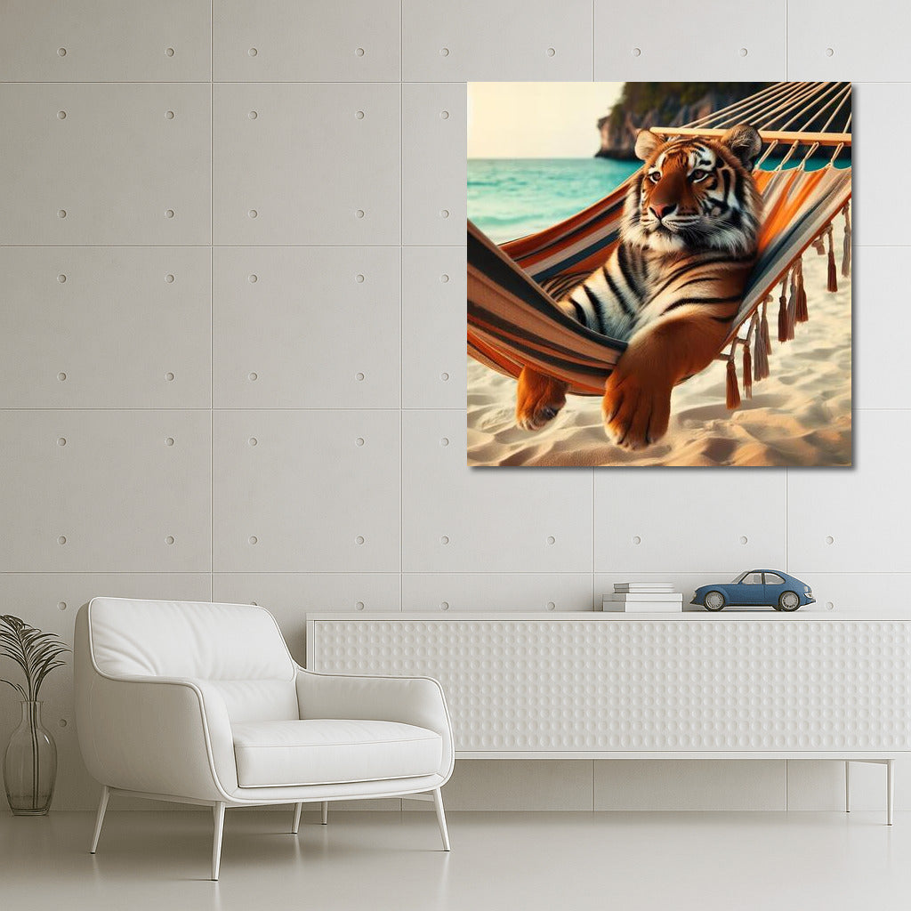 Tiger in a Hammock on the Beach: Exotic Relaxation