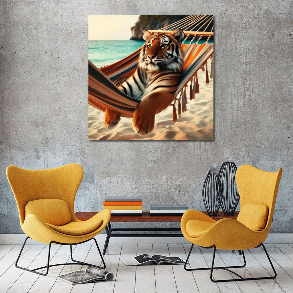 Tiger in a Hammock on the Beach: Exotic Relaxation