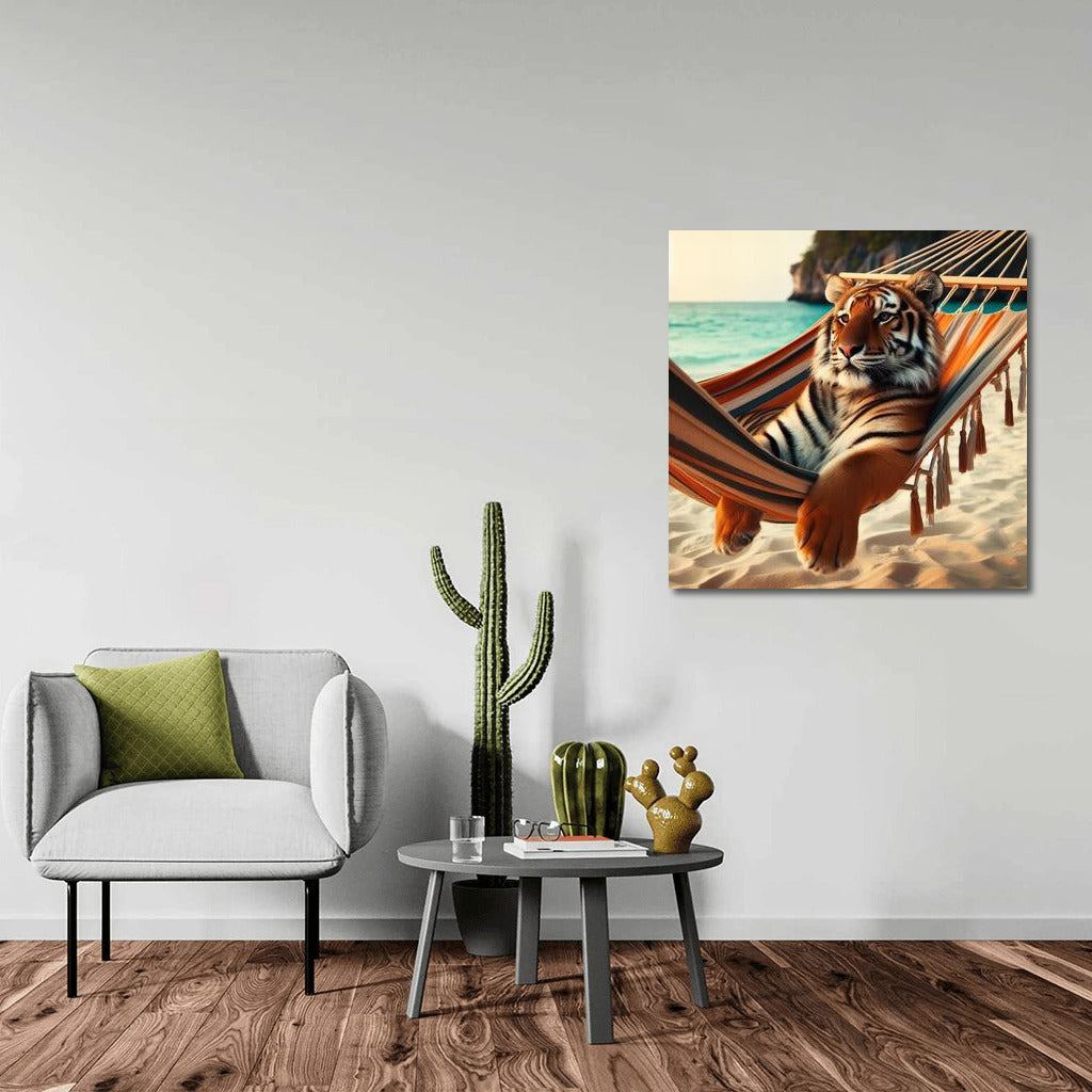 Tiger in a Hammock on the Beach: Exotic Relaxation