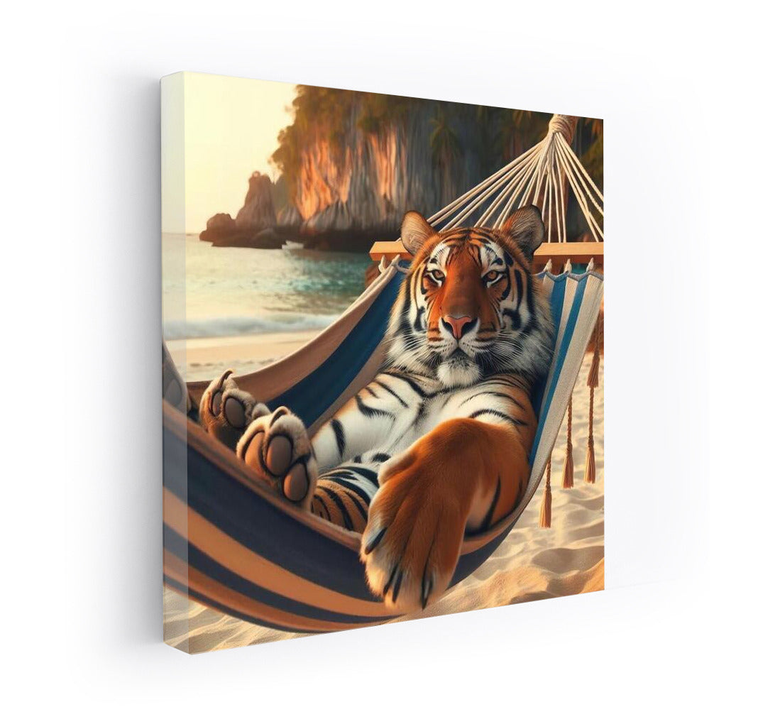 Tiger in a Hammock on the Beach: Serene Relaxation