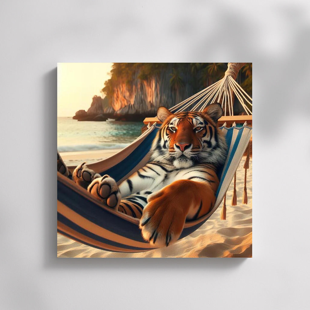 Tiger in a Hammock on the Beach: Serene Relaxation