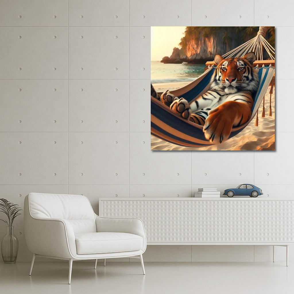 Tiger in a Hammock on the Beach: Serene Relaxation