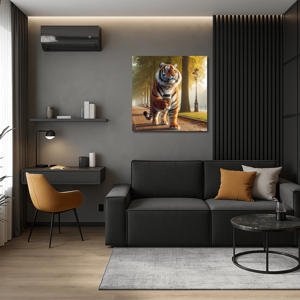 Tiger with Coffee in the Park: Unique Charm for the Interior