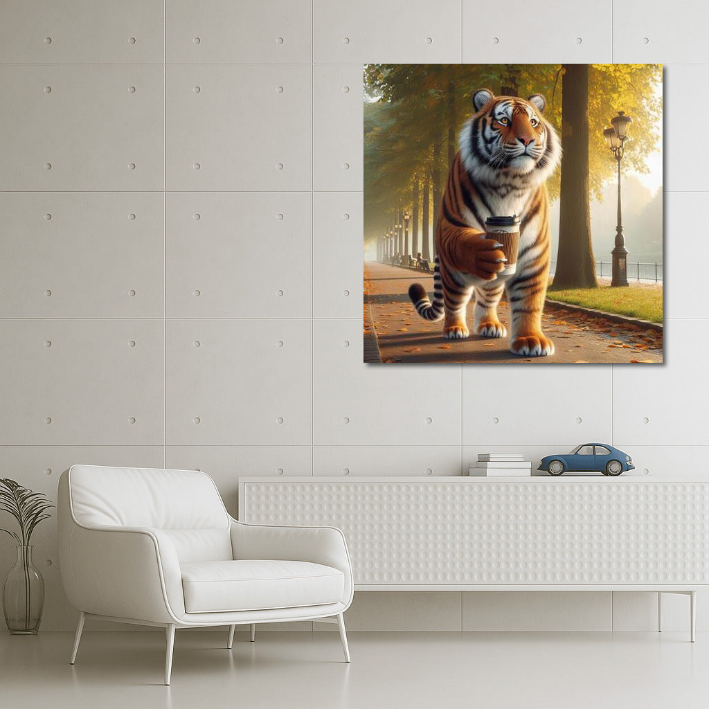 Tiger with Coffee in the Park: Unique Charm for the Interior