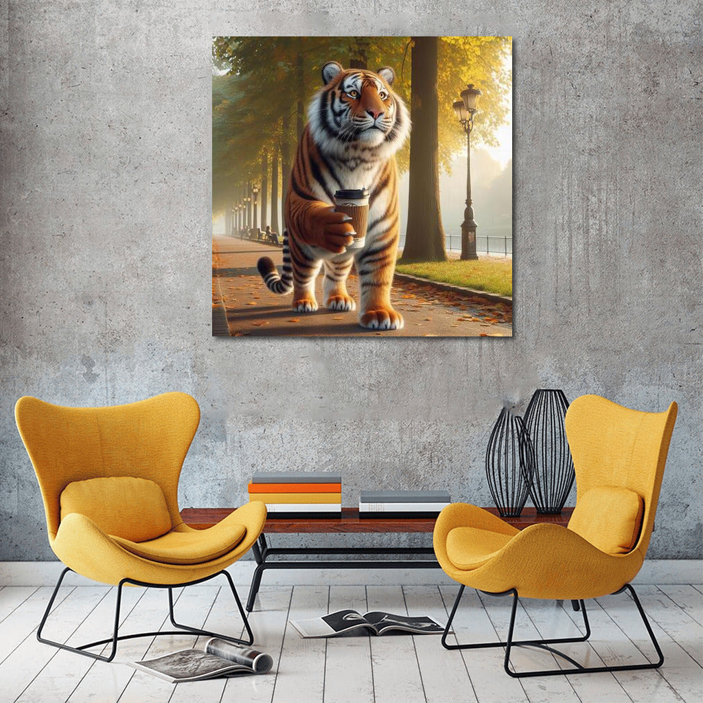 Tiger with Coffee in the Park: Unique Charm for the Interior