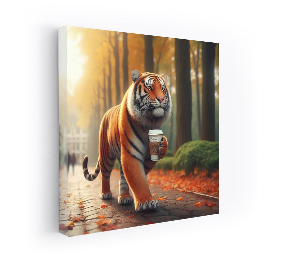 Tiger with Coffee on an Autumn Walk: Stylish Interior Decor