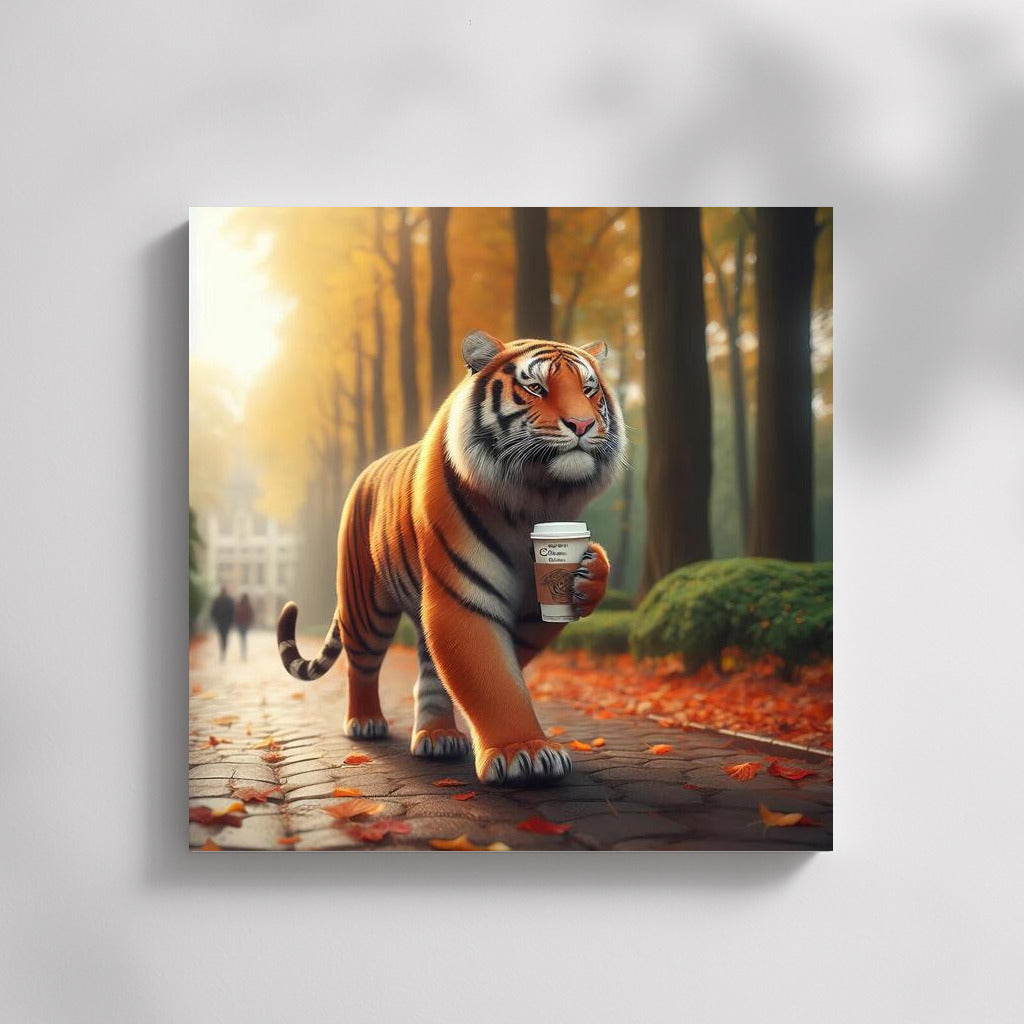 Tiger with Coffee on an Autumn Walk: Stylish Interior Decor