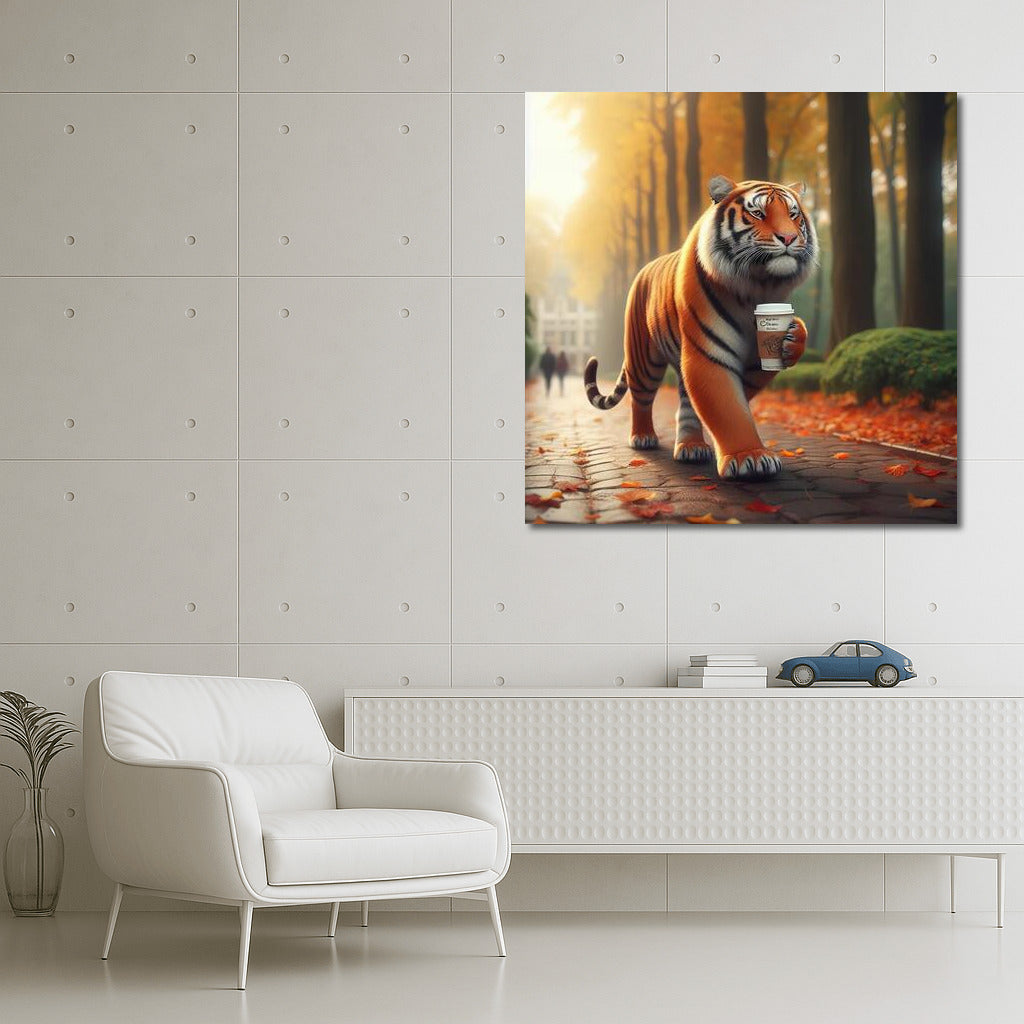 Tiger with Coffee on an Autumn Walk: Stylish Interior Decor