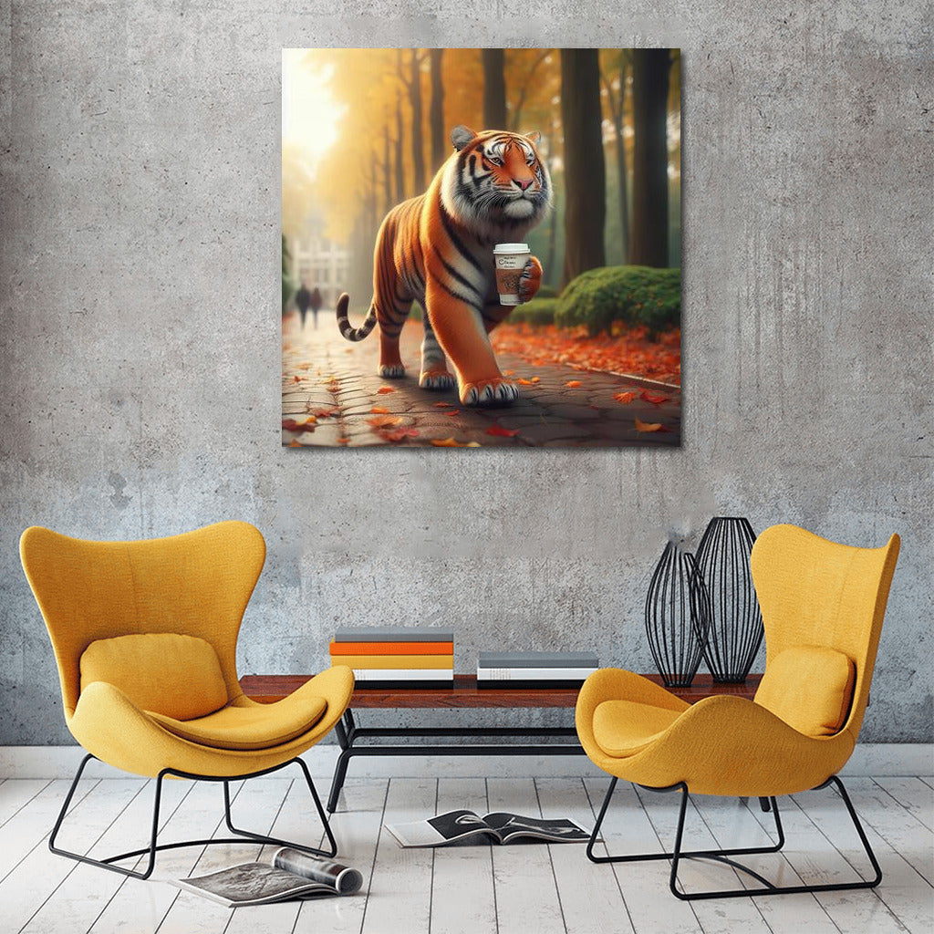 Tiger with Coffee on an Autumn Walk: Stylish Interior Decor