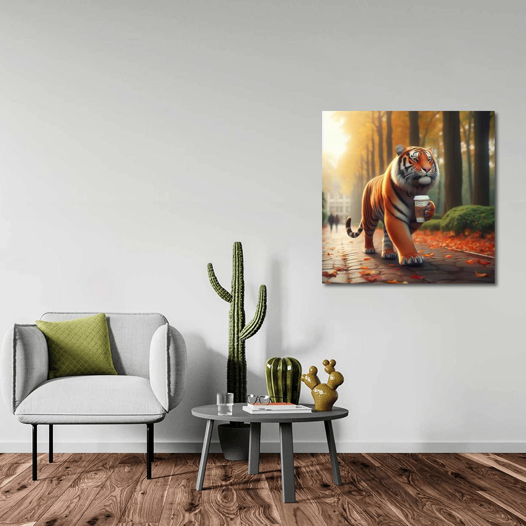 Tiger with Coffee on an Autumn Walk: Stylish Interior Decor