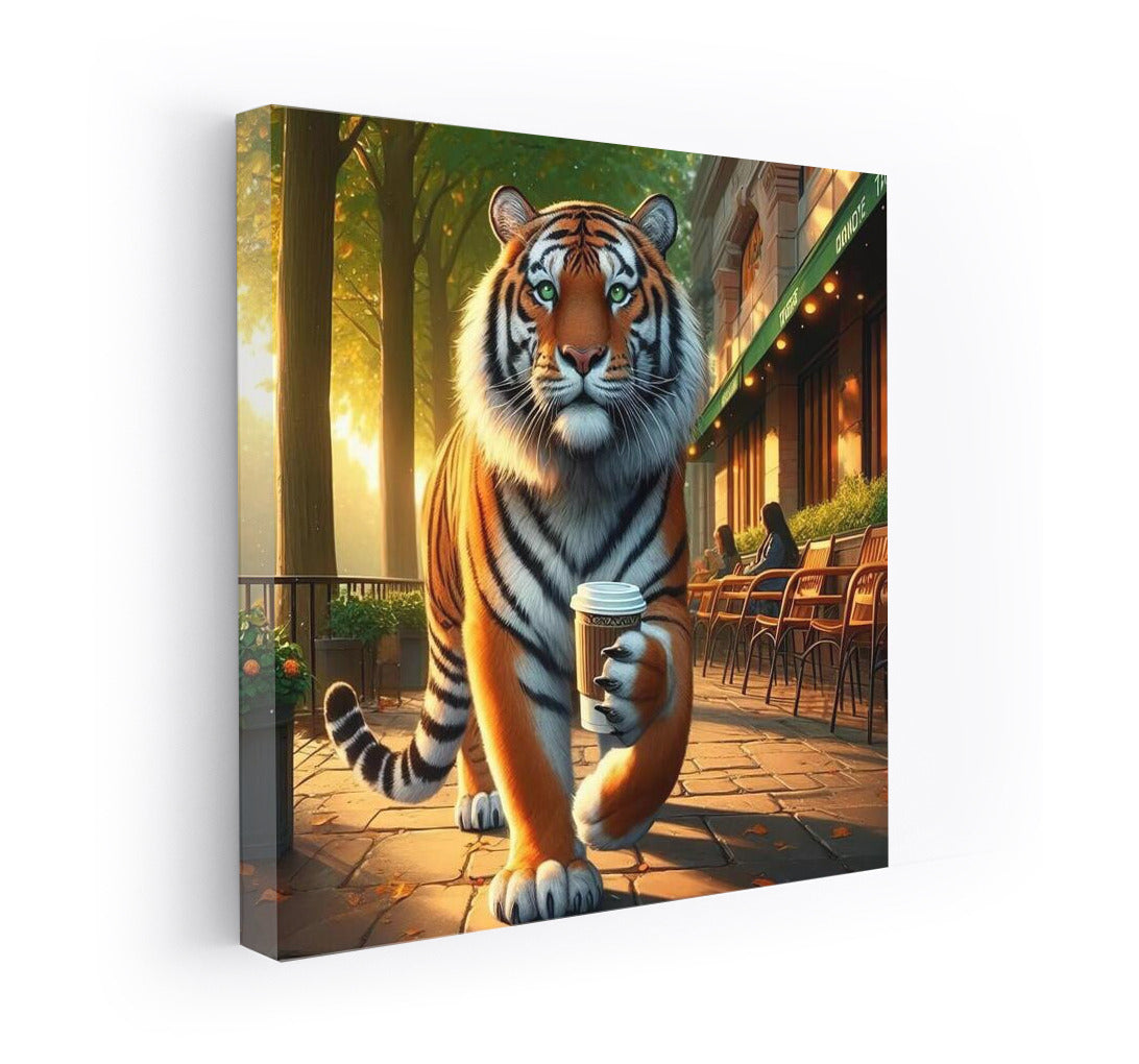Tiger with a cup of coffee in the park: Morning ritual of wild grace