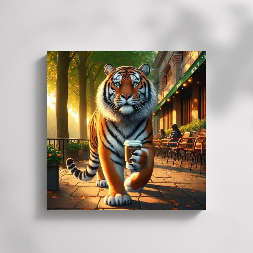Tiger with a cup of coffee in the park: Morning ritual of wild grace