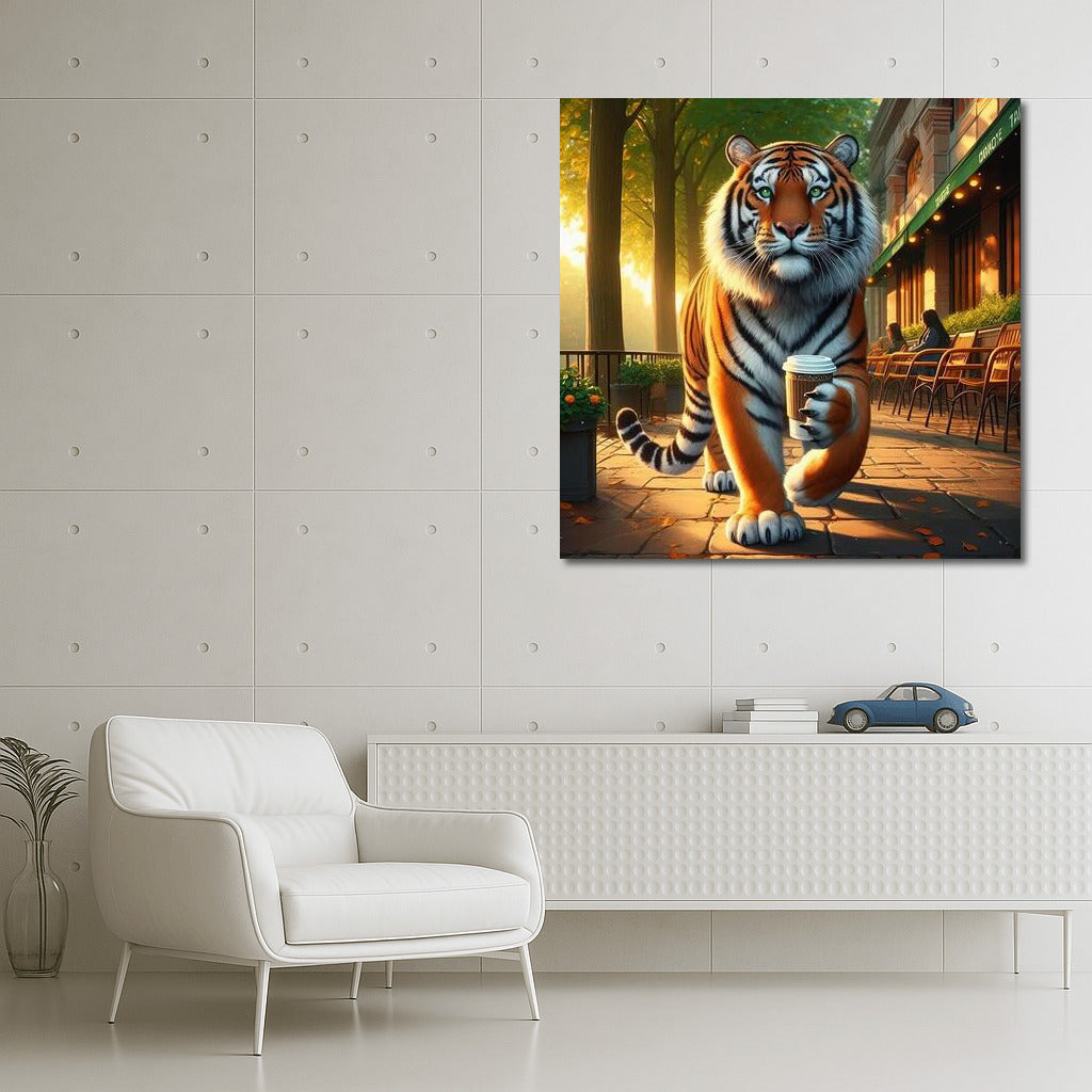 Tiger with a cup of coffee in the park: Morning ritual of wild grace