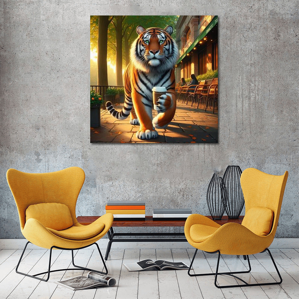 Tiger with a cup of coffee in the park: Morning ritual of wild grace