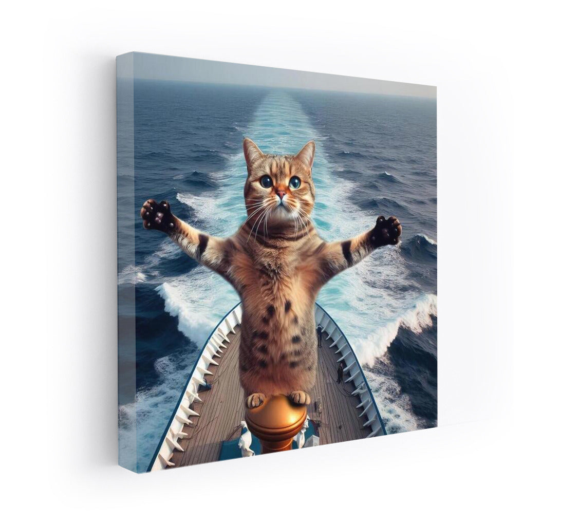 Titanic Cat: The Fluffy King of the Ocean on the Bow of the Ship