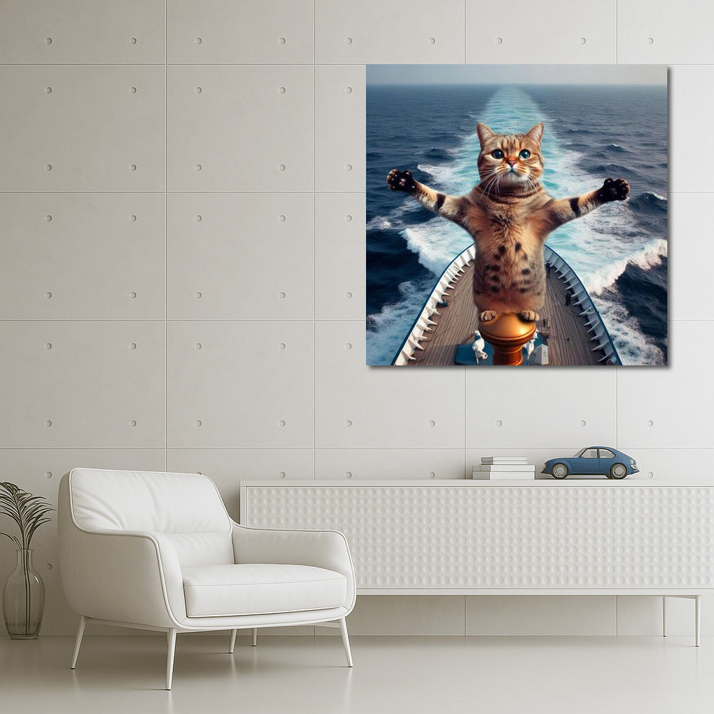 Titanic Cat: The Fluffy King of the Ocean on the Bow of the Ship