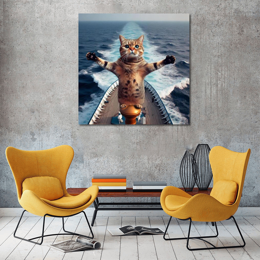 Titanic Cat: The Fluffy King of the Ocean on the Bow of the Ship