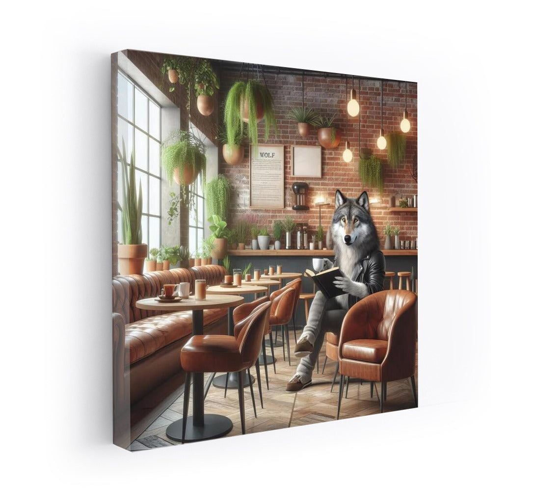 Reading Wolf in Stylish Cafe: Wall Decoration for Interior