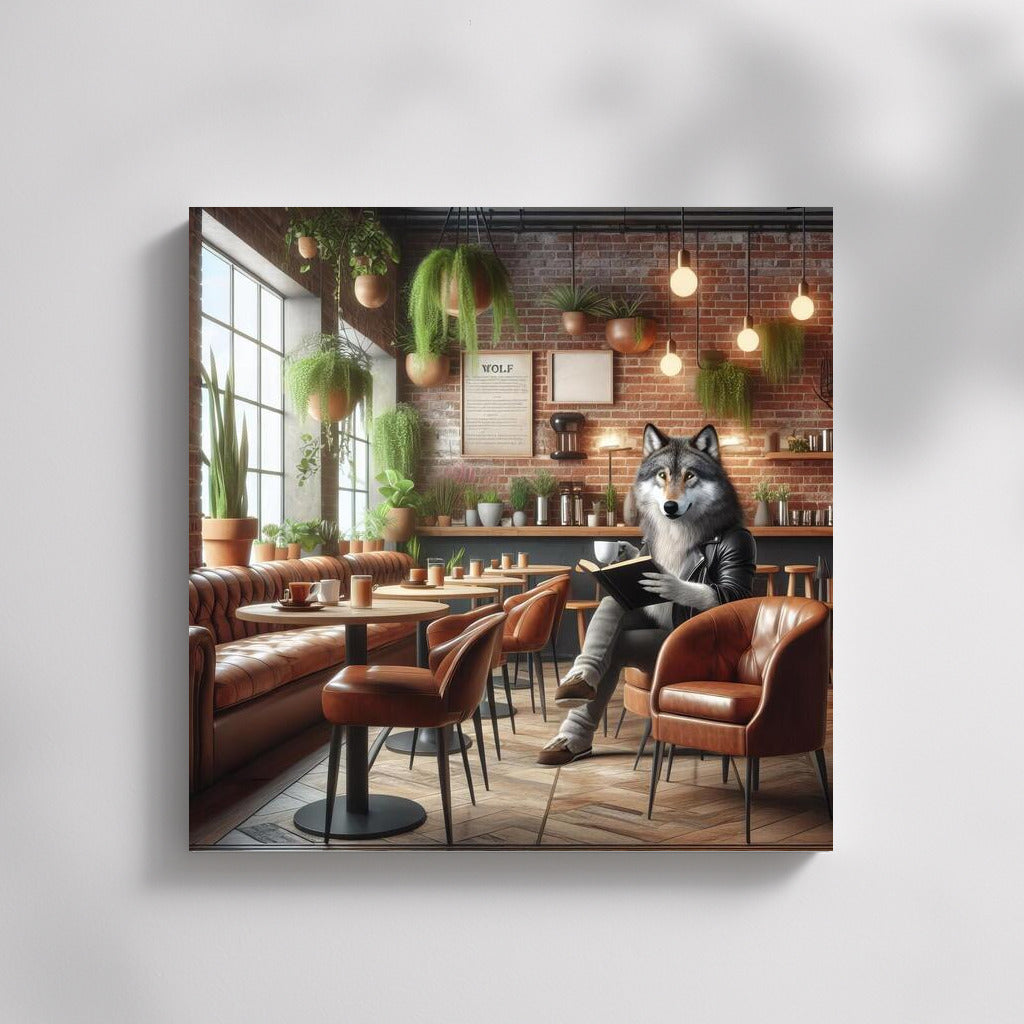 Reading Wolf in Stylish Cafe: Wall Decoration for Interior