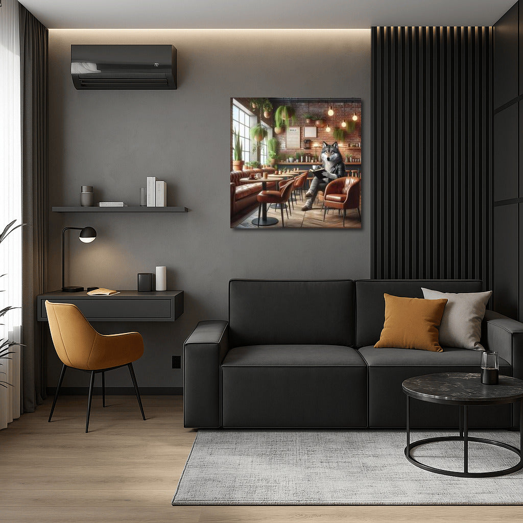 Reading Wolf in Stylish Cafe: Wall Decoration for Interior
