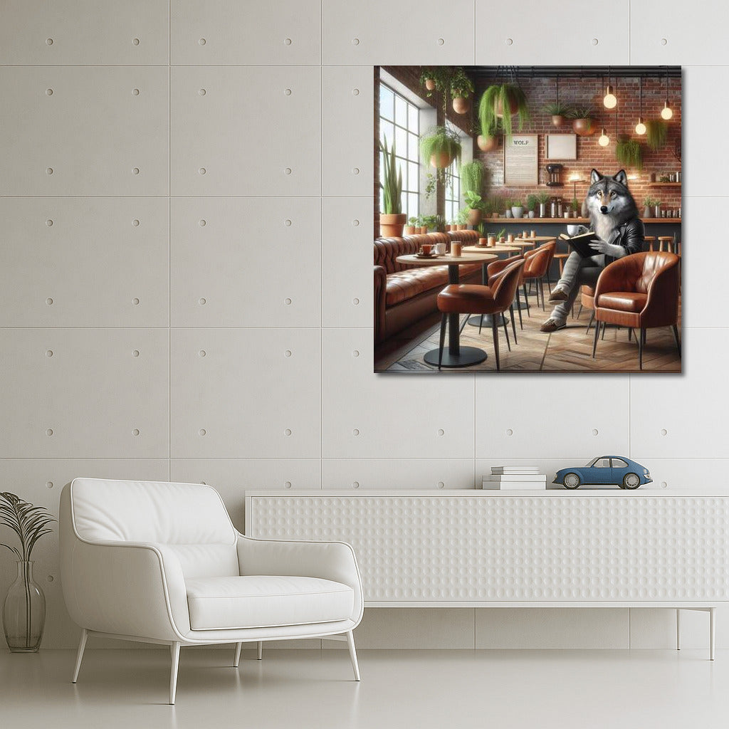 Reading Wolf in Stylish Cafe: Wall Decoration for Interior