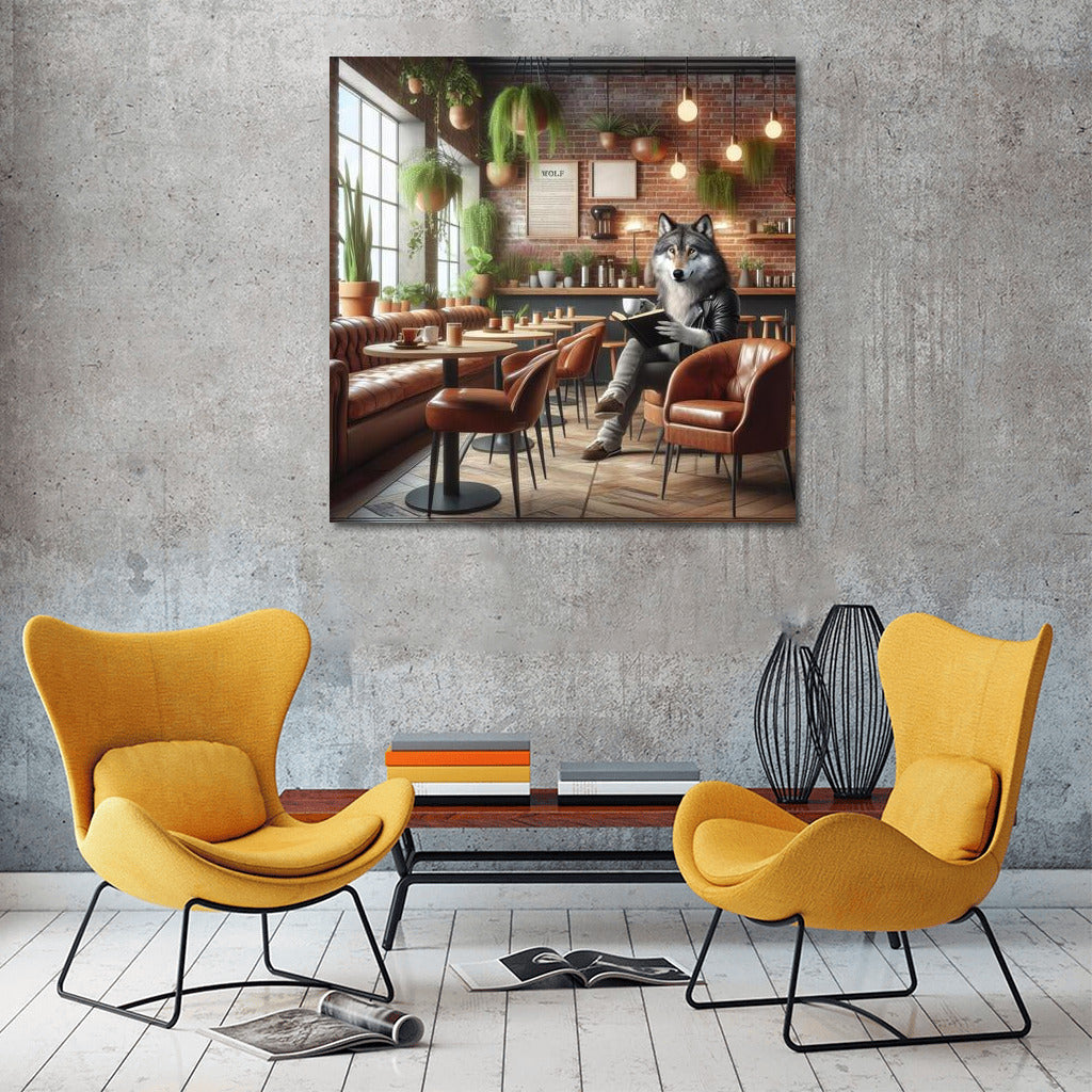 Reading Wolf in Stylish Cafe: Wall Decoration for Interior