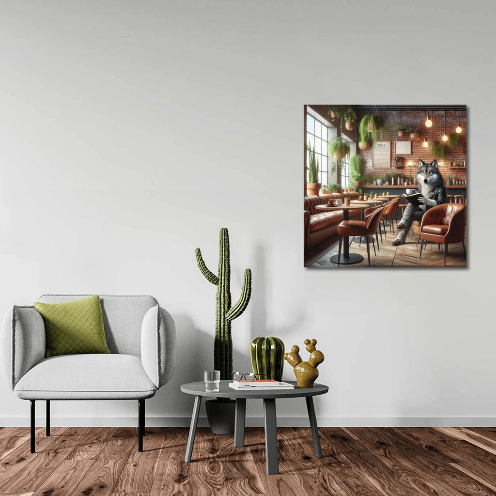 Reading Wolf in Stylish Cafe: Wall Decoration for Interior