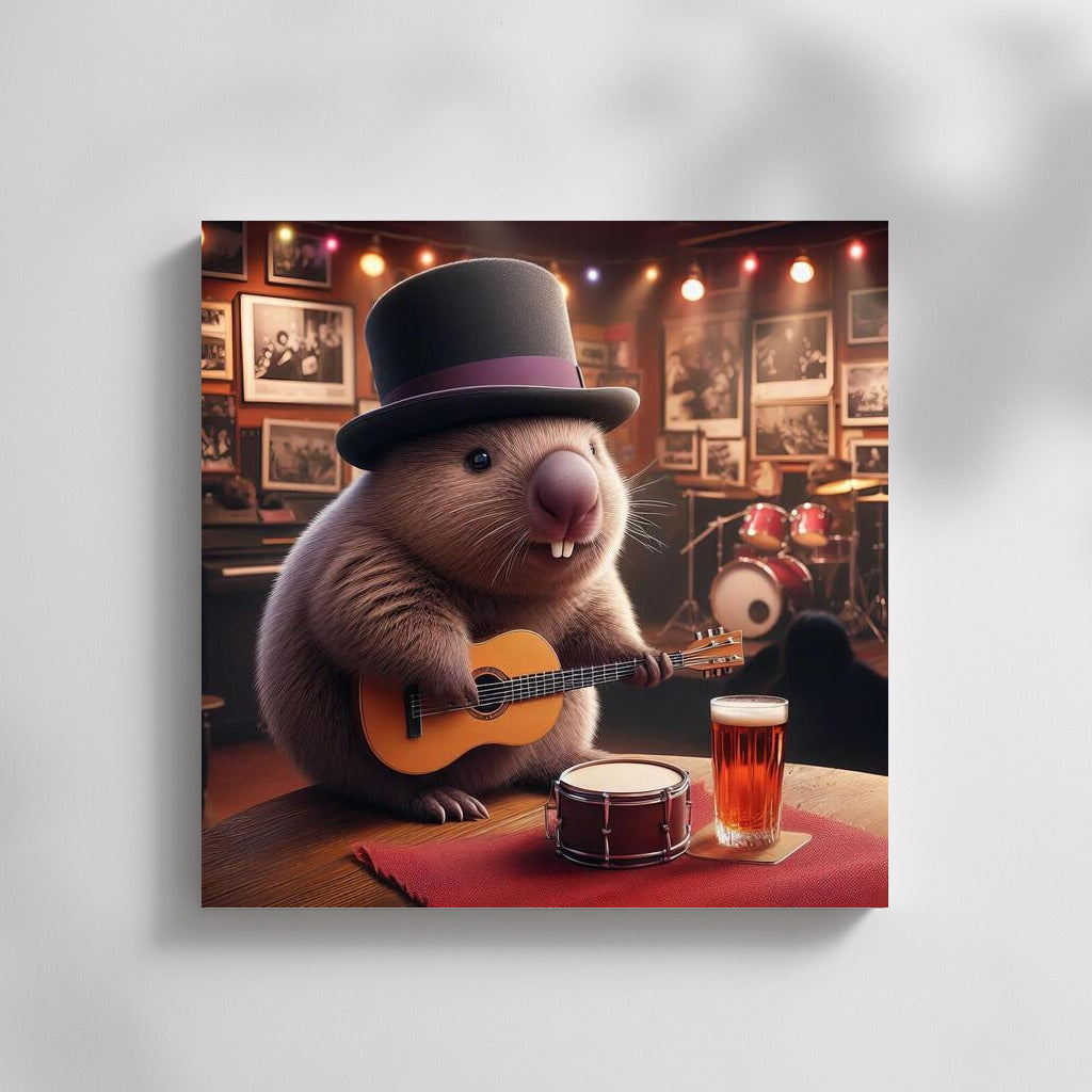 Wombat with Guitar: The Way to the Concert at the Music Club
