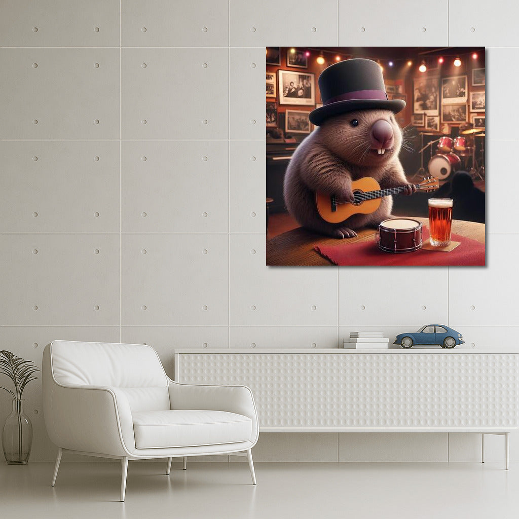 Wombat with Guitar: The Way to the Concert at the Music Club