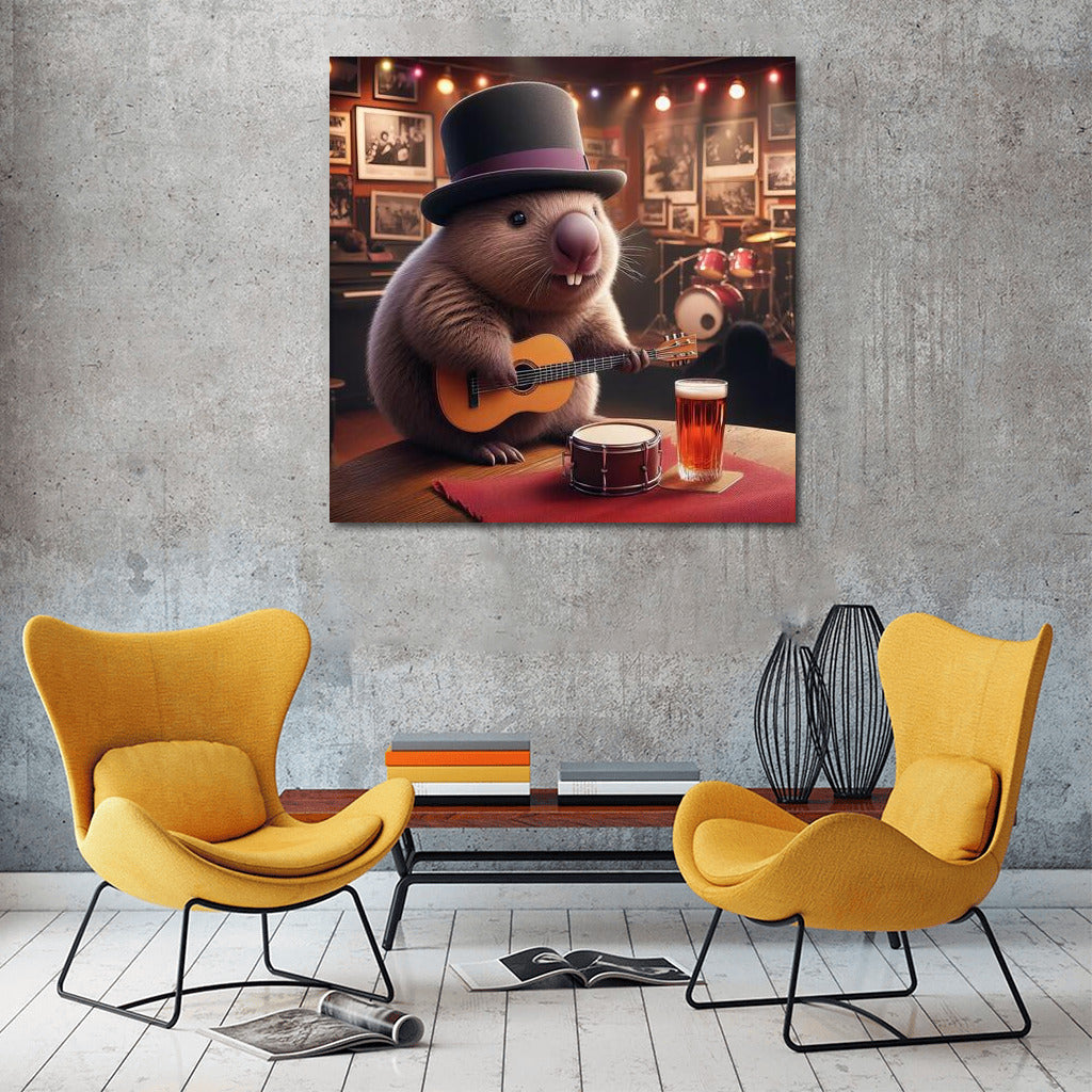 Wombat with Guitar: The Way to the Concert at the Music Club