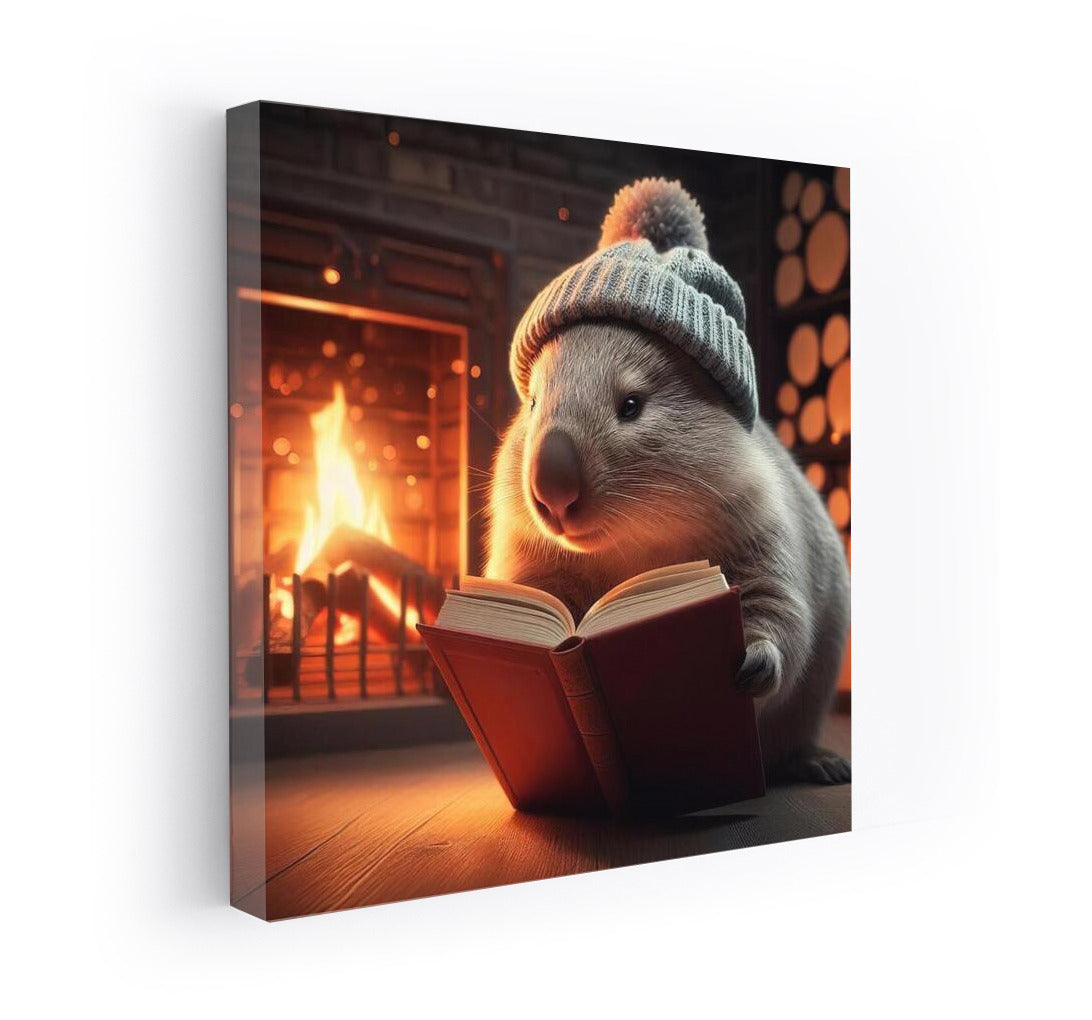 Wombat in a Hat: Cozy Reading by the Fireplace