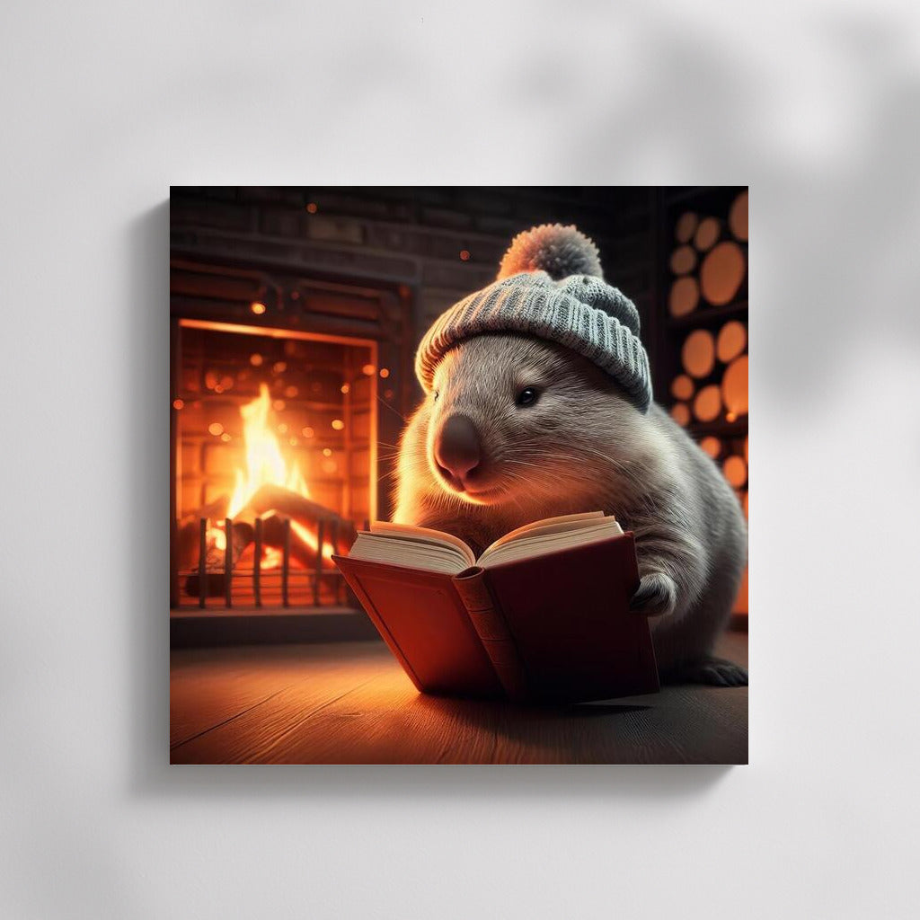 Wombat in a Hat: Cozy Reading by the Fireplace