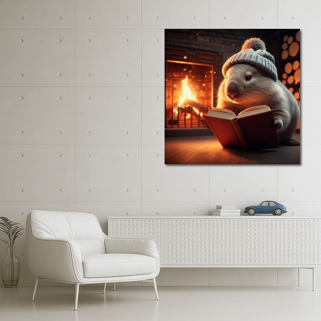 Wombat in a Hat: Cozy Reading by the Fireplace
