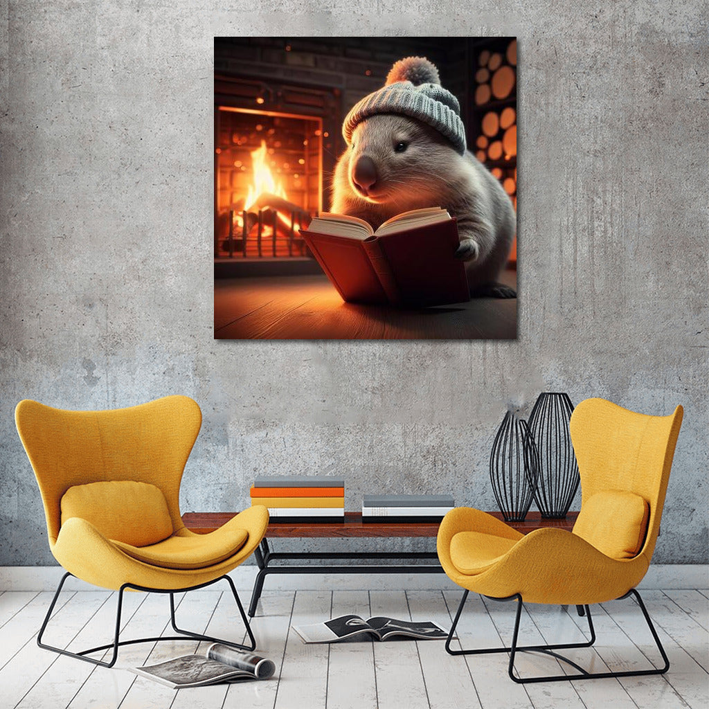 Wombat in a Hat: Cozy Reading by the Fireplace