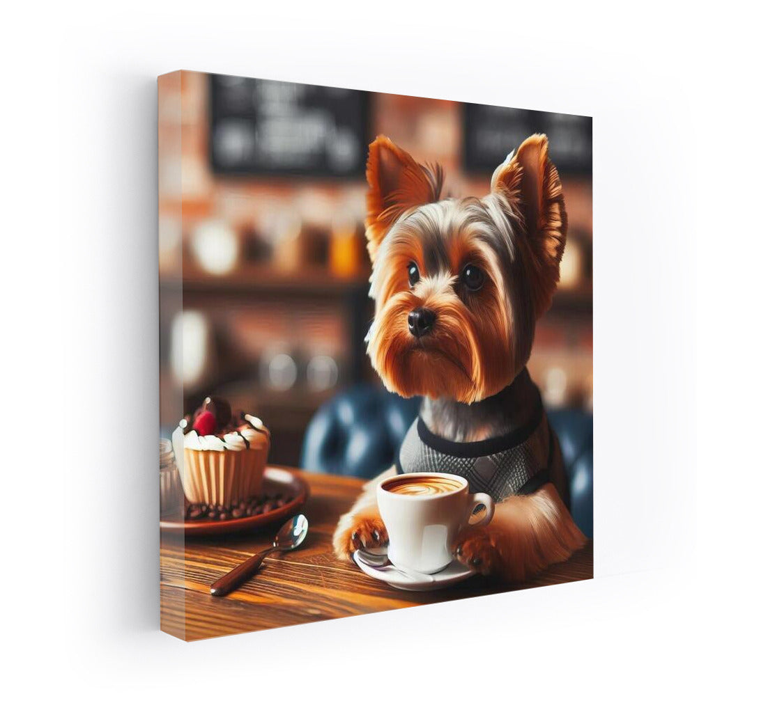 Yorkshire Terrier drinking coffee in a cozy cafe
