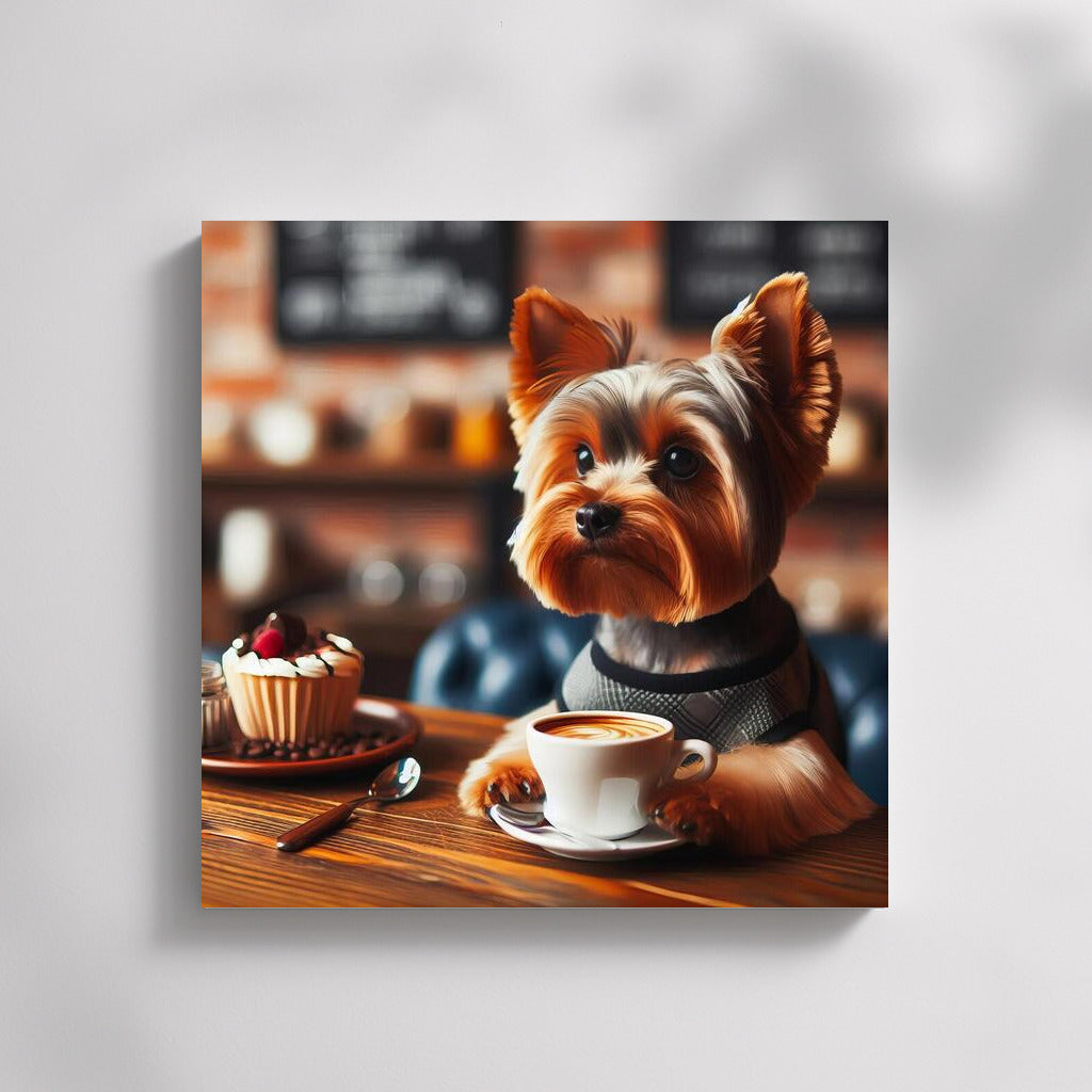 Yorkshire Terrier drinking coffee in a cozy cafe
