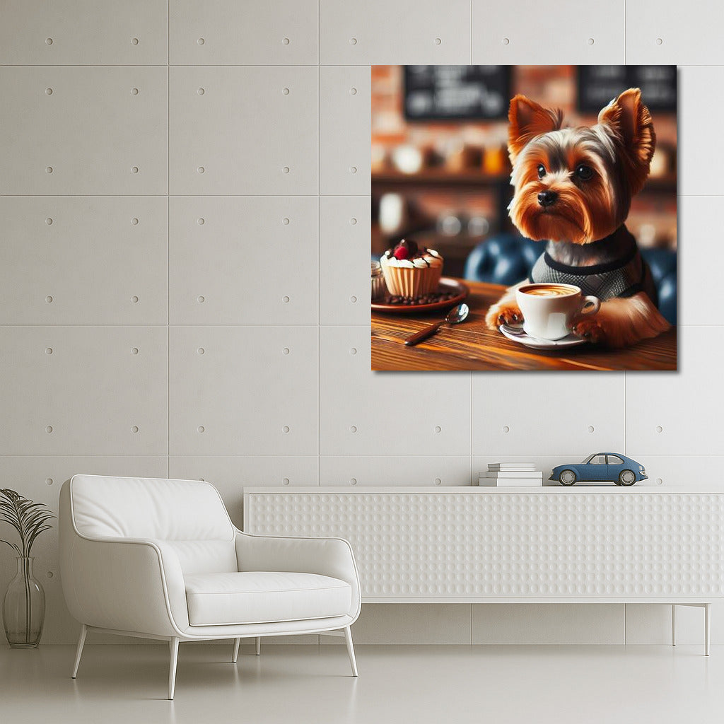 Yorkshire Terrier drinking coffee in a cozy cafe