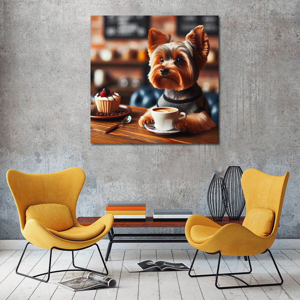 Yorkshire Terrier drinking coffee in a cozy cafe