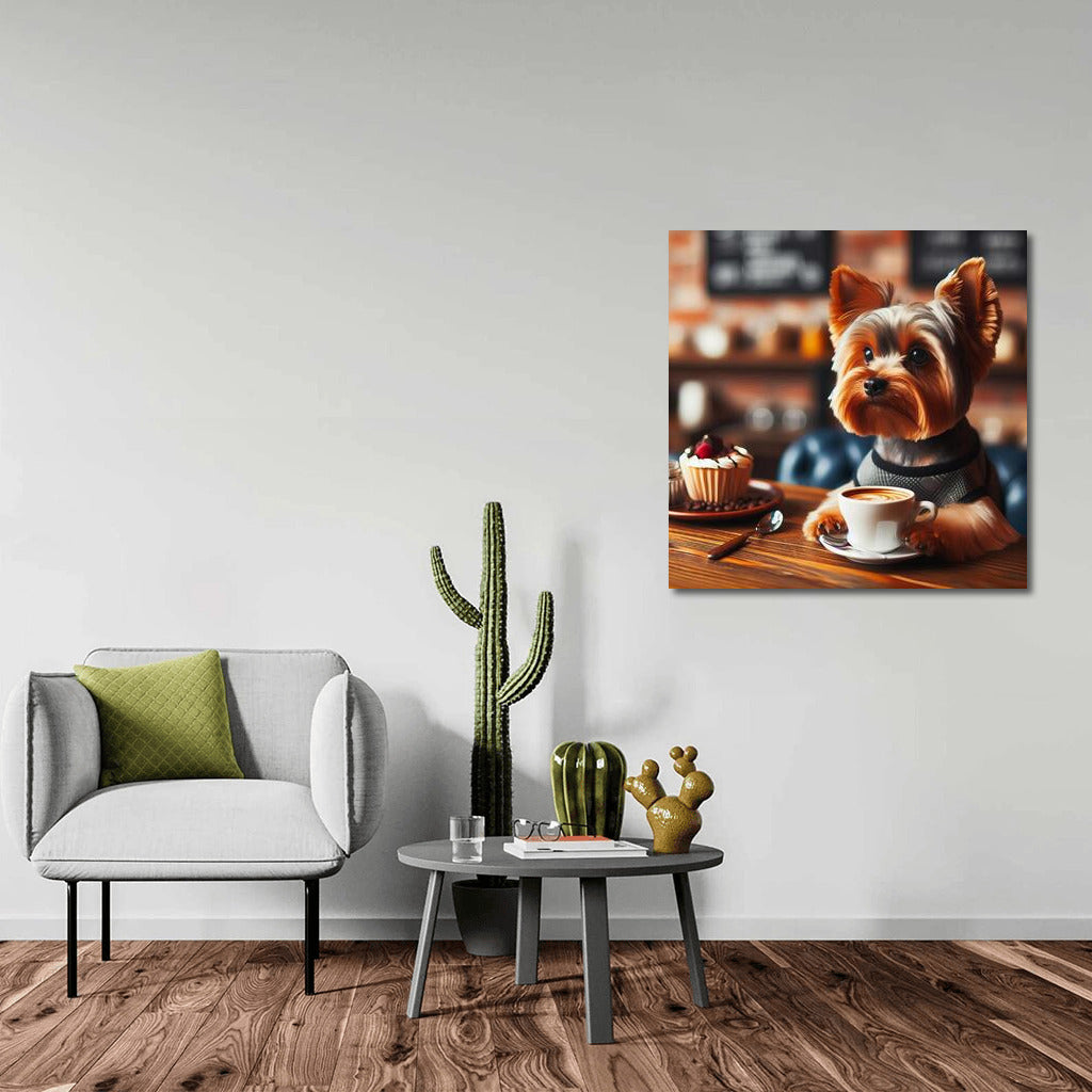 Yorkshire Terrier drinking coffee in a cozy cafe