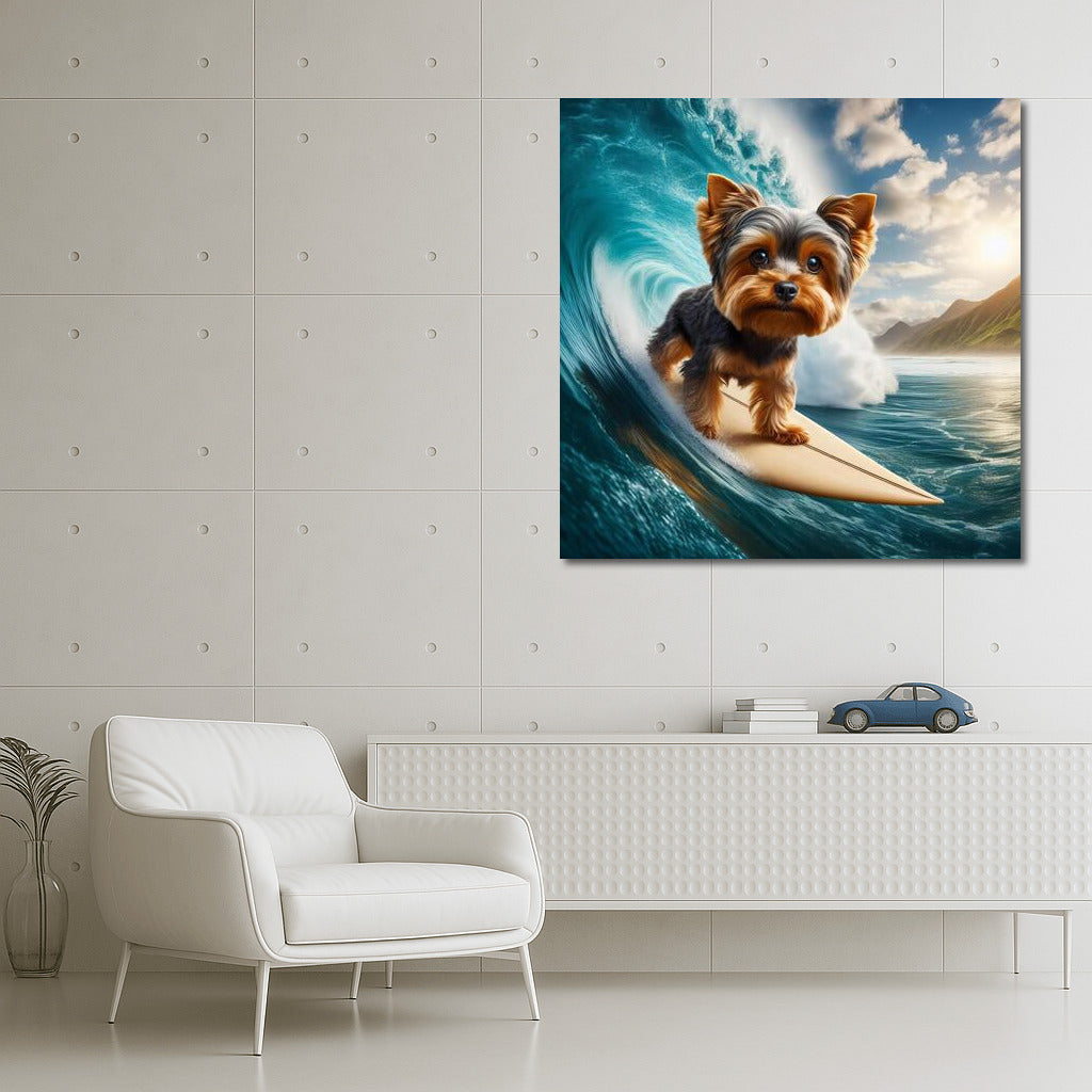 Yorkshire Terrier on the crest of a giant wave