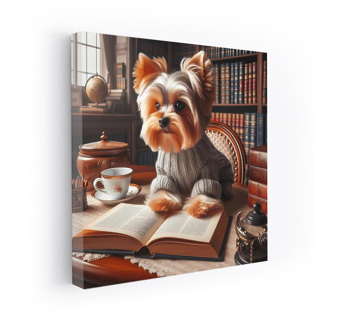 Yorkshire Terrier Reading in the Library: Coziness and Intelligence on the Wall