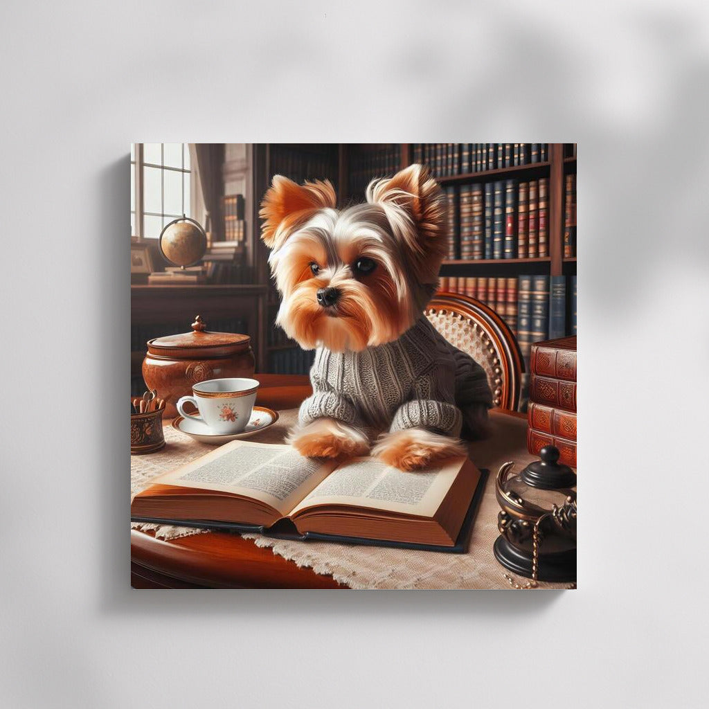 Yorkshire Terrier Reading in the Library: Coziness and Intelligence on the Wall