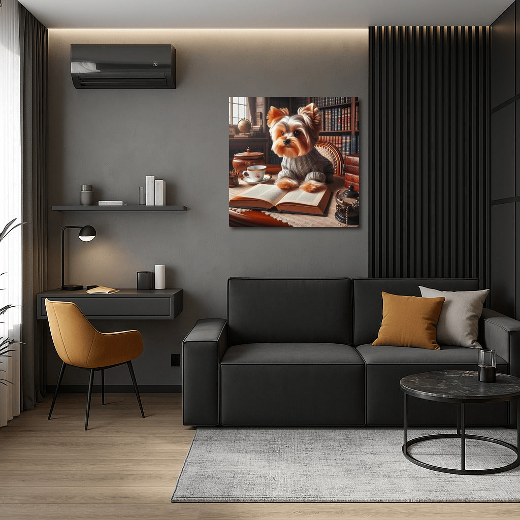 Yorkshire Terrier Reading in the Library: Coziness and Intelligence on the Wall