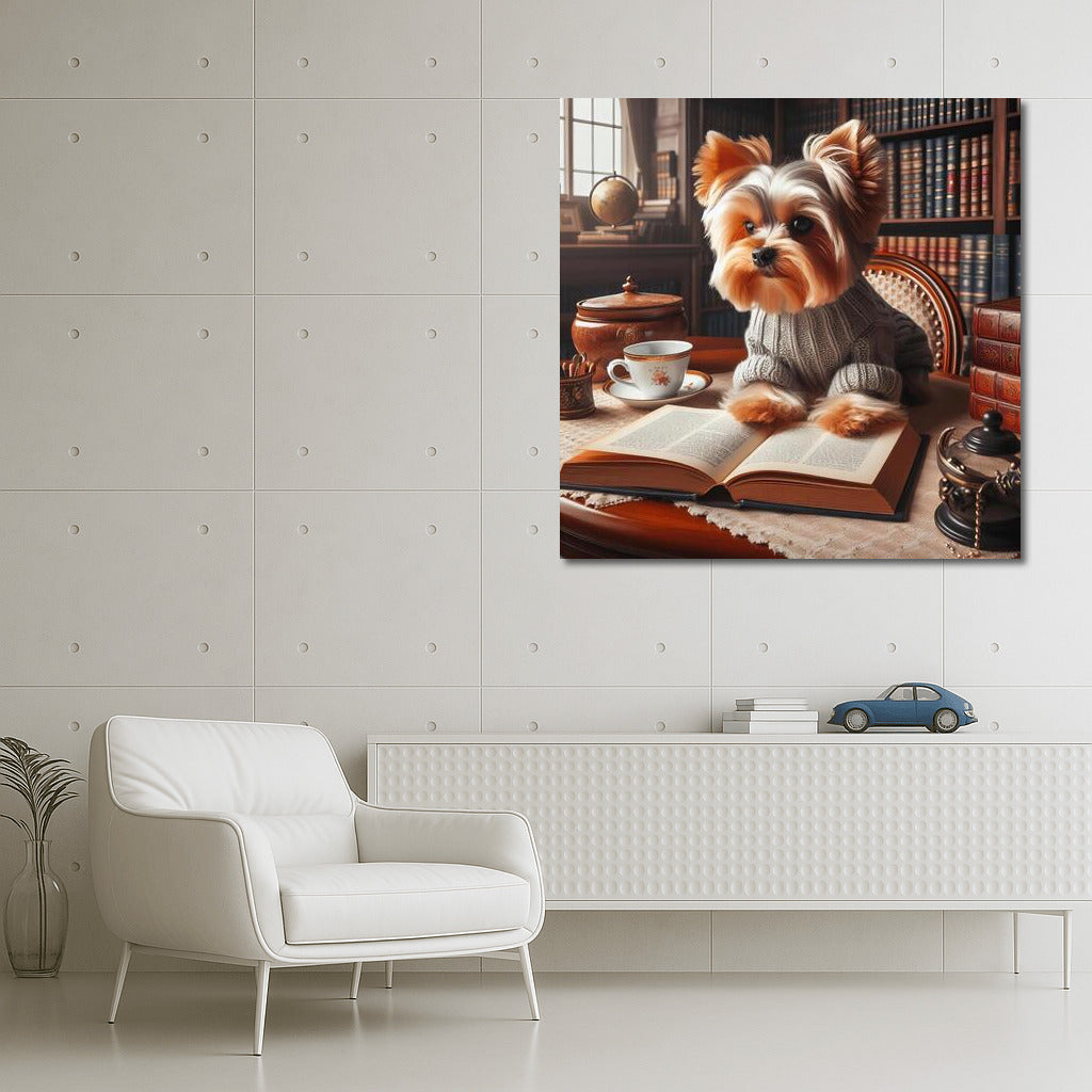 Yorkshire Terrier Reading in the Library: Coziness and Intelligence on the Wall