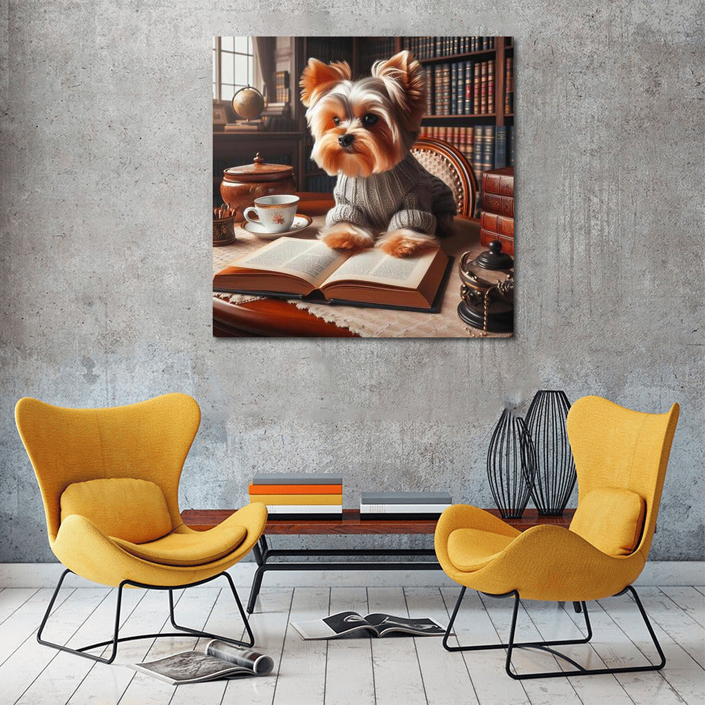 Yorkshire Terrier Reading in the Library: Coziness and Intelligence on the Wall
