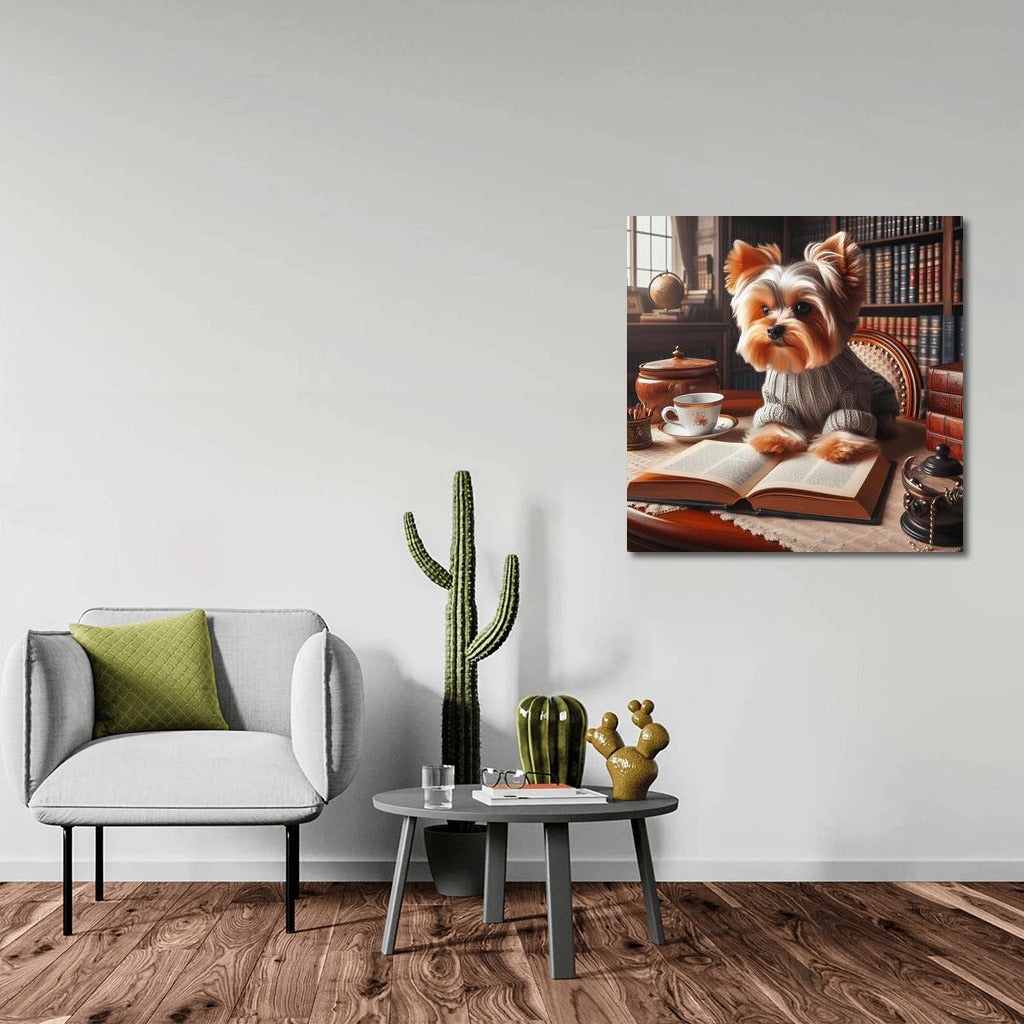 Yorkshire Terrier Reading in the Library: Coziness and Intelligence on the Wall